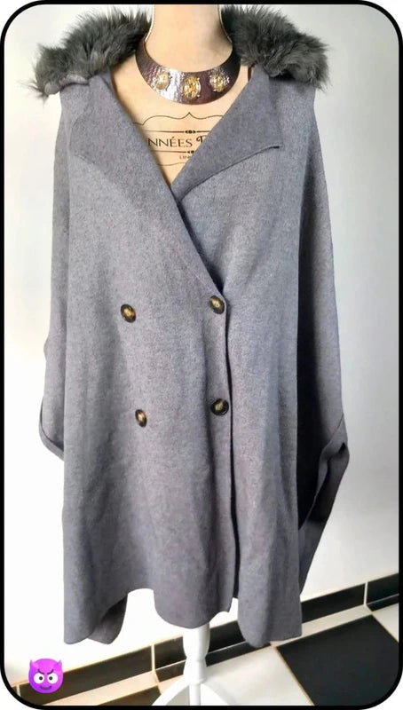 Cape Poncho Zara Grise – Col Fausse Fourrure – Double Boutonnage – Neuve