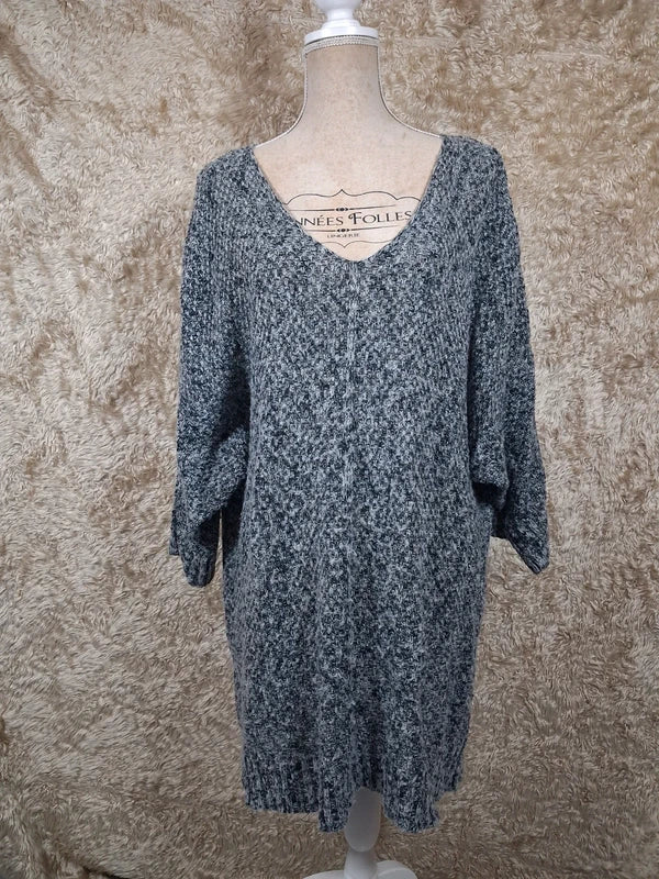 Pull tunique long gris chiné manches chauve-souris taille XL