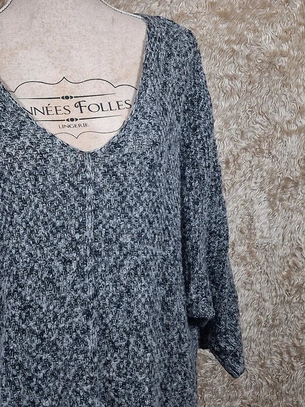 Pull tunique long gris chiné manches chauve-souris taille XL