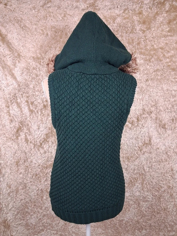 Gilet long sans manches Clockhouse vert capuche fourrure taille L