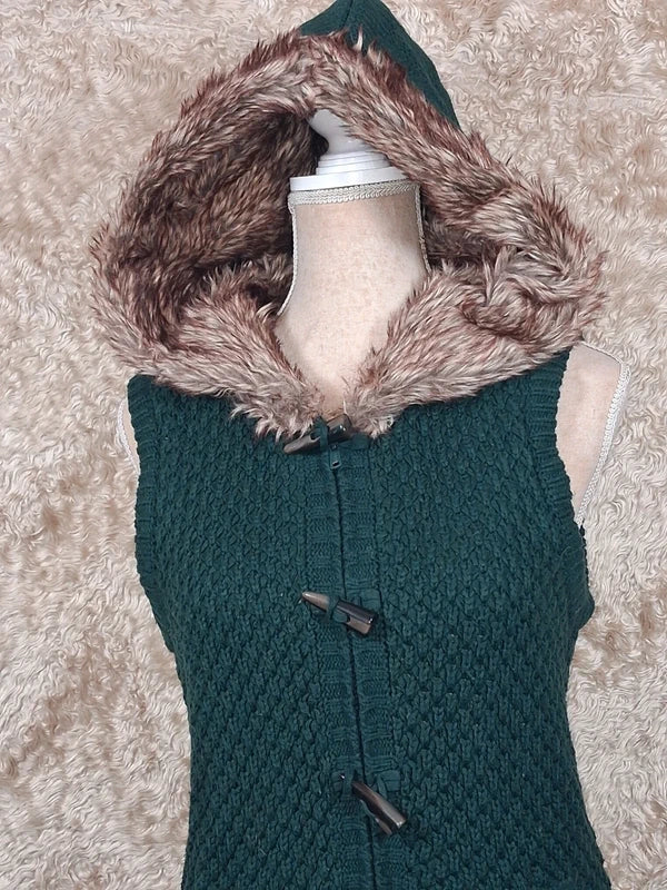 Gilet long sans manches Clockhouse vert capuche fourrure taille L