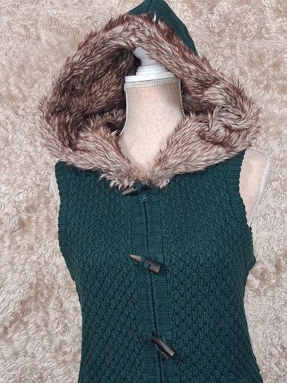 Gilet long sans manches Clockhouse vert capuche fourrure taille L