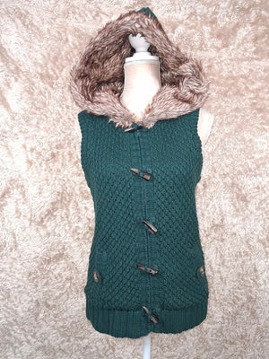 Gilet long sans manches Clockhouse vert capuche fourrure taille L