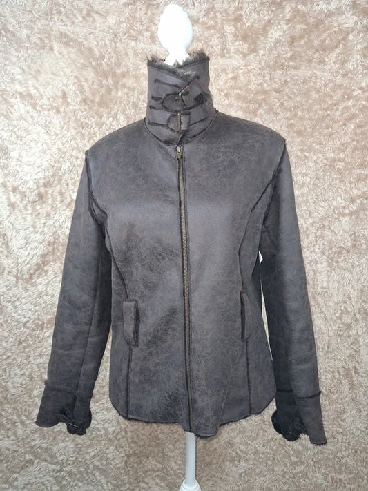 Veste effet peau lainée grise col fausse fourrure taille M