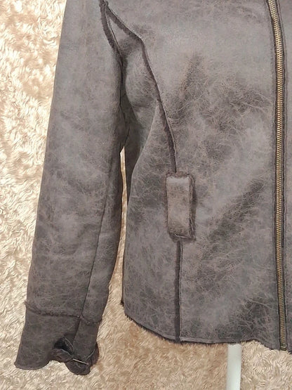 Veste effet peau lainée grise col fausse fourrure taille M