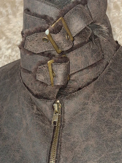 Veste effet peau lainée grise col fausse fourrure taille M