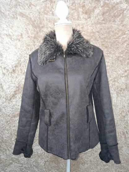 Veste effet peau lainée grise col fausse fourrure taille M