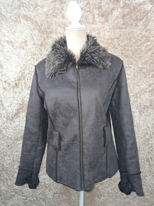 Veste effet peau lainée grise col fausse fourrure taille M