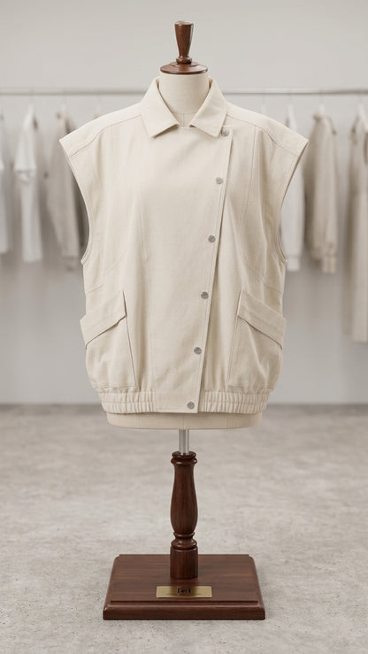 KIABI Plus Size 58/60 Cream Cotton Asymmetrical Sleeveless Gilet / Jacket