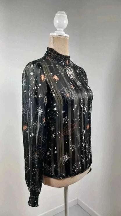 Chemisier Céleste Noir & Or - Imprimé Étoiles/Planètes - Taille XS - NEUF