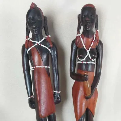 Lot 2 Statuettes Africaines Masaï en Bois Sculpté - 31 cm