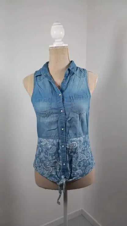 Jennyfer Sleeveless Shirt – Denim & Paisley Bandana Print – Bohemian Style – Size S
