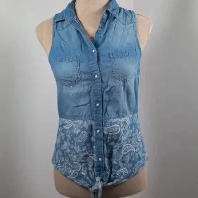Jennyfer Sleeveless Shirt – Denim & Paisley Bandana Print – Bohemian Style – Size S