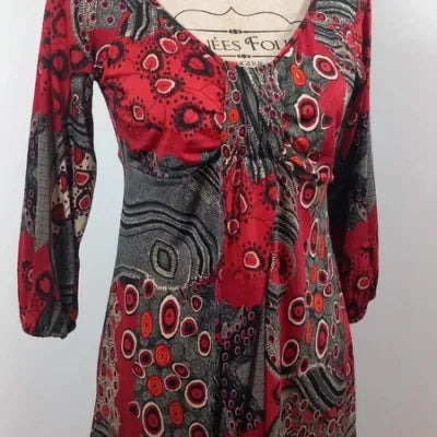 Tunique – Imprimé Abstrait Rouge/Gris/Noir – Col V Drapé – Manches 3/4 – Neuve