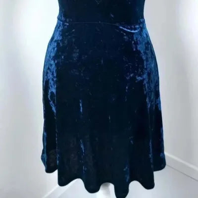 New H&M Navy Blue Velvet Skater Dress - Size 34 - V-Back
