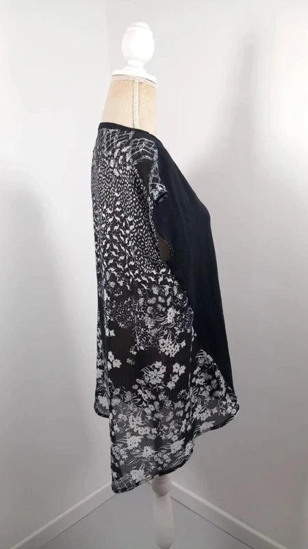 Tanais Two-Material Top - Size 42 - Black & White Floral Print - Flowy Cut