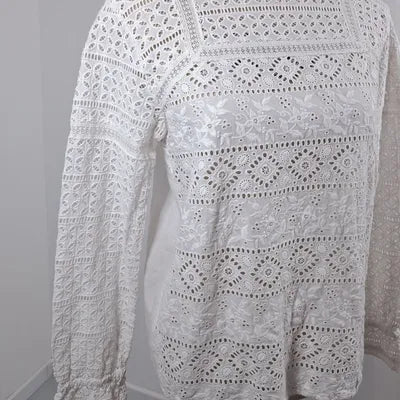 White Broderie Anglaise & Lace Blouse – Romantic Vintage Style – Size 40 (L)