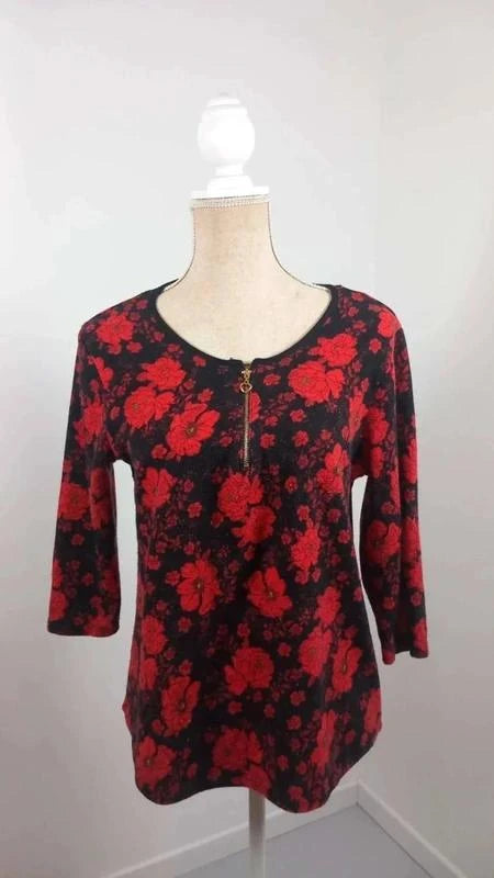 Pull Léger Floral Noir & Rouge – Détail Zip Cœur – Taille 3 (L)