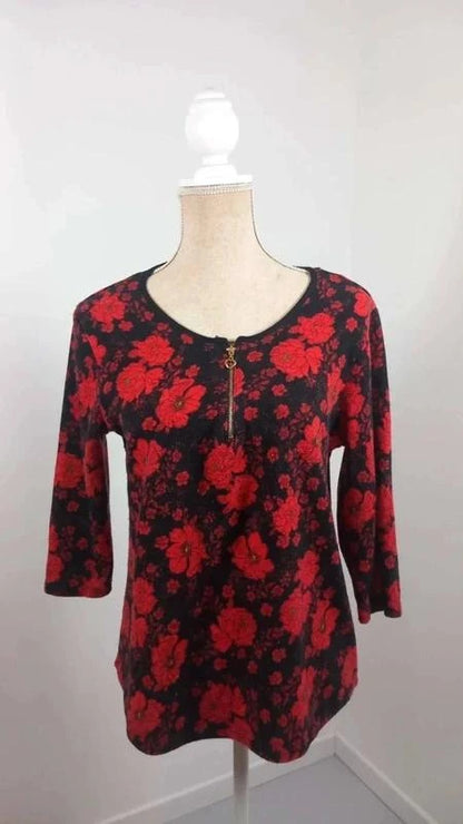 Pull Léger Floral Noir & Rouge – Détail Zip Cœur – Taille 3 (L)