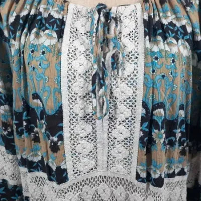 Tunique Bohème Size Up – Dentelle & Fleurs Bleu/Camel – 100% Coton – Grande Taille 54/56