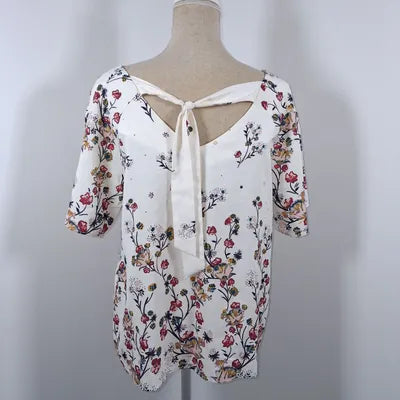 Cream Floral Fluid Blouse – Elegant Tie-Backless – Size 44 (XL)