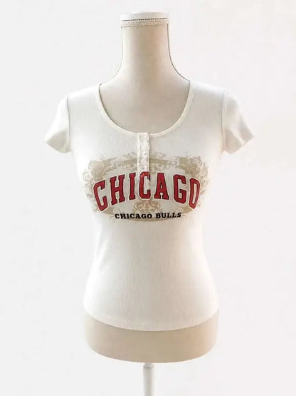 Chicago Bulls Vancl Baby Tee – Y2K Style – Henley Collar – Off-White – Size S (US 4)