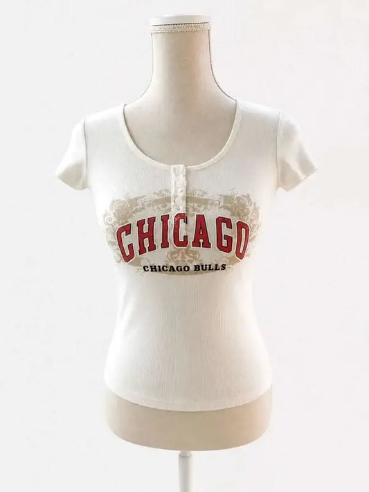 Chicago Bulls Vancl Baby Tee – Y2K Style – Henley Collar – Off-White – Size S (US 4)