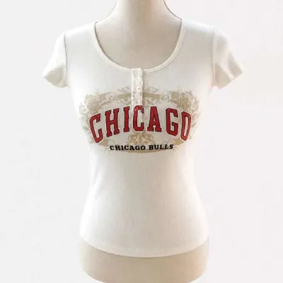 Chicago Bulls Vancl Baby Tee – Y2K Style – Henley Collar – Off-White – Size S (US 4)
