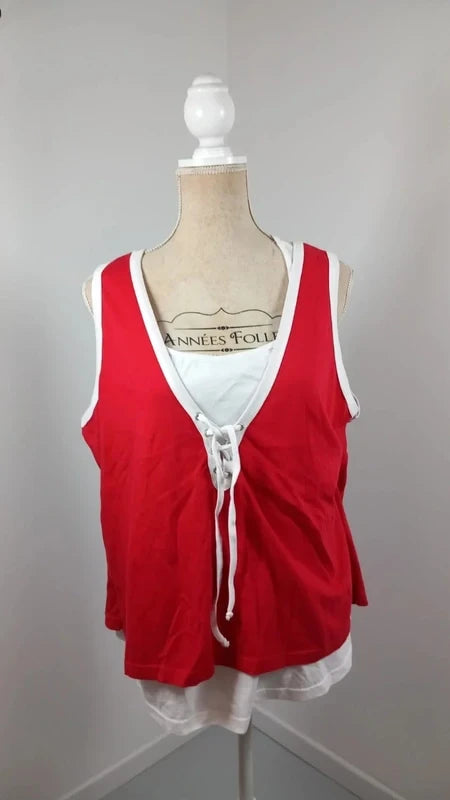 New T56 Happiness Blue 2-in-1 Top – Red & White Lace-Up Tank Top