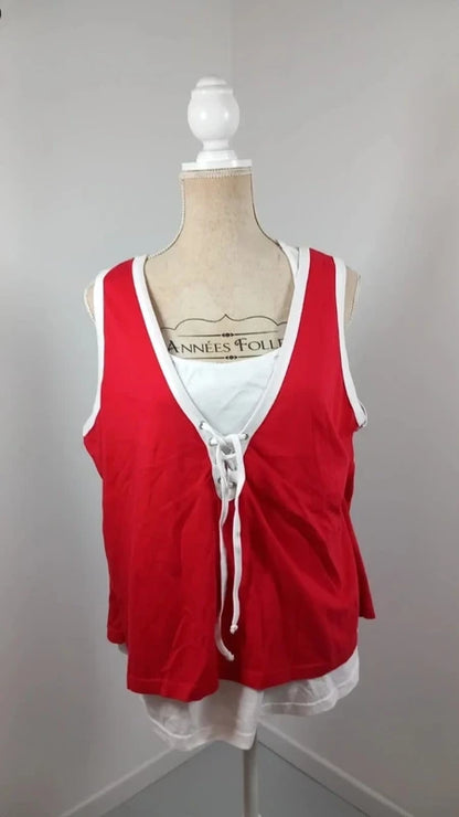 New T56 Happiness Blue 2-in-1 Top – Red & White Lace-Up Tank Top