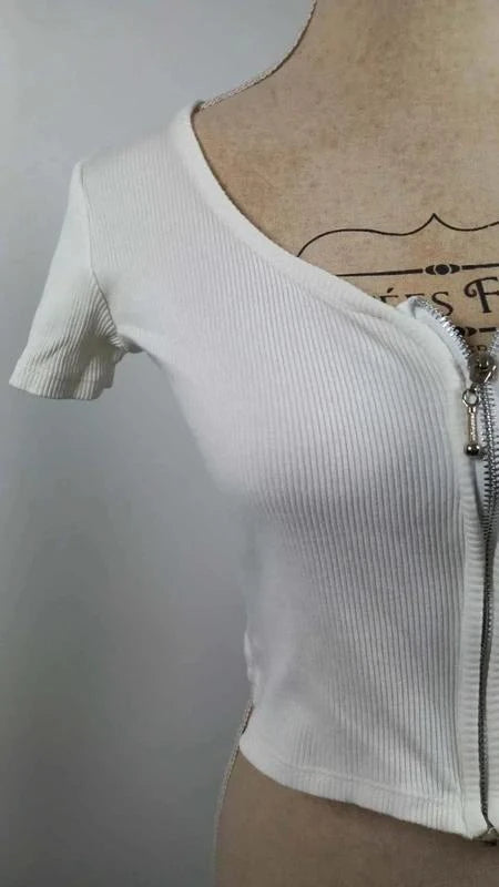 Crop Top Blanc Côtelé Zippé Fashion Studio – Taille 1 36