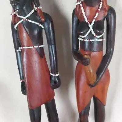 Lot 2 Statuettes Africaines Masaï en Bois Sculpté - 31 cm
