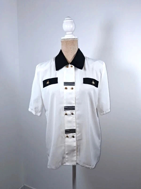 Chemisier blanc style marin rétro Canda (C&A) – Taille 40