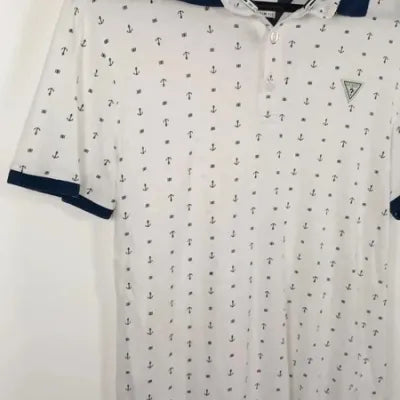 Guess Slim Fit White Anchor Print Polo New - Size M/L