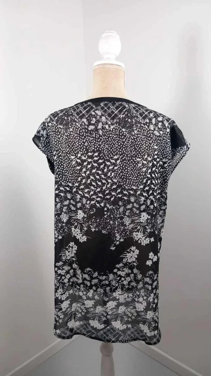 Tanais Two-Material Top - Size 42 - Black & White Floral Print - Flowy Cut