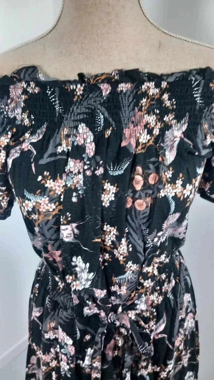 Robe Fleurie GÉMO Noire Style Bohème - Taille 36 (S) - Épaules Dénudées