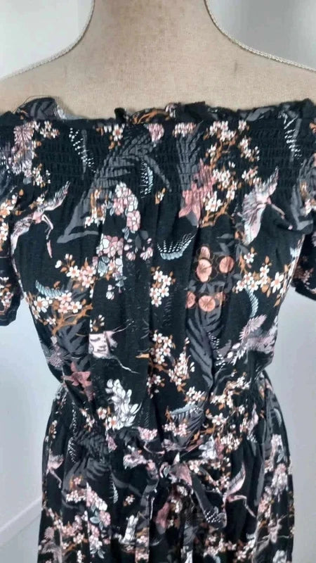 Robe Fleurie GÉMO Noire Style Bohème - Taille 36 (S) - Épaules Dénudées