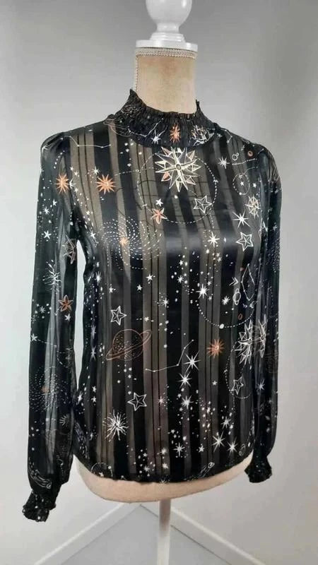 Chemisier Céleste Noir & Or - Imprimé Étoiles/Planètes - Taille XS - NEUF