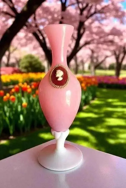 Pink Opaline & Cameo Vase on Twisted Pedestal – Vintage Collector's Item 26.5 cm