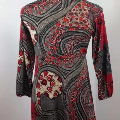Tunique – Imprimé Abstrait Rouge/Gris/Noir – Col V Drapé – Manches 3/4 – Neuve