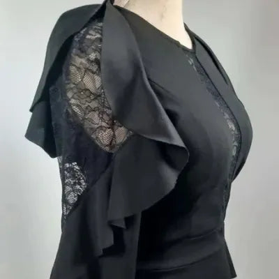 Chic Black Evening Dress - Lace & Ruffle Details - Size L (US 10) - NEW
