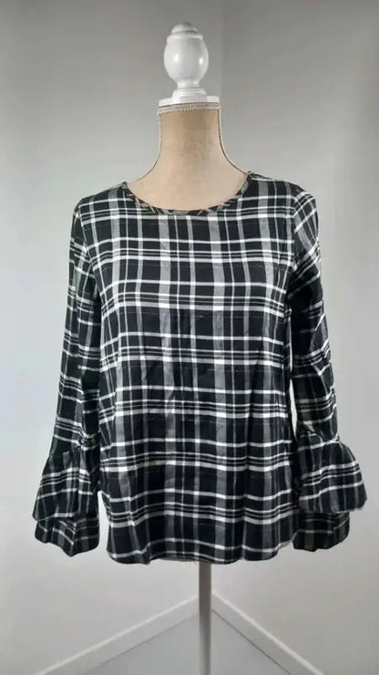 Black and white checked tunic with ruffled sleeves – C&A – Size 38 (M)