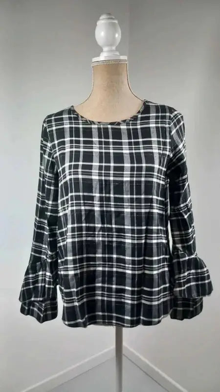 Black and white checked tunic with ruffled sleeves – C&A – Size 38 (M)