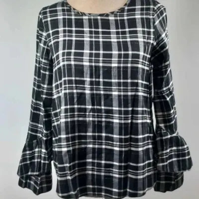 Black and white checked tunic with ruffled sleeves – C&A – Size 38 (M)
