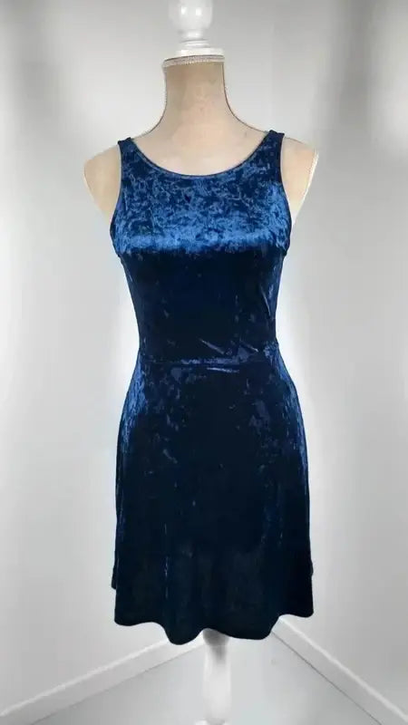 New H&M Navy Blue Velvet Skater Dress - Size 34 - V-Back