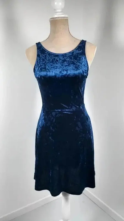 New H&M Navy Blue Velvet Skater Dress - Size 34 - V-Back