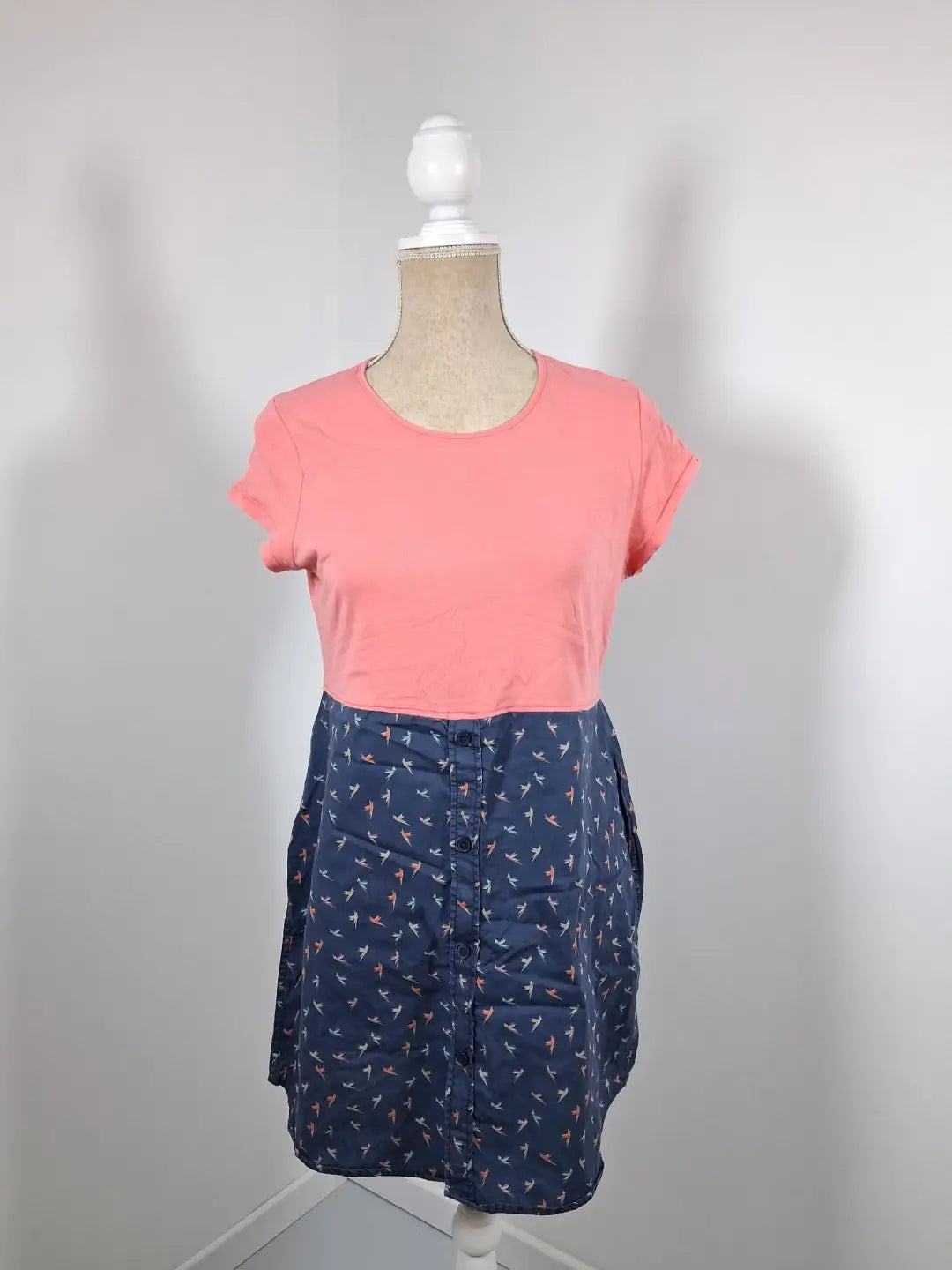 Tunique Longue Bi-matière Rose & Bleu Marine – Motif Oiseaux – Taille XL