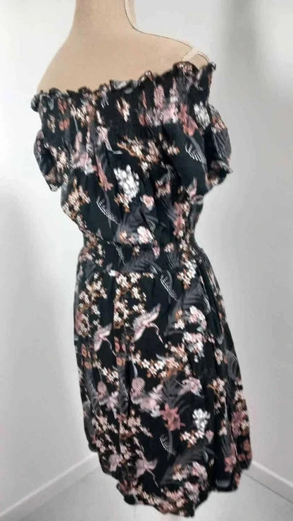 Robe Fleurie GÉMO Noire Style Bohème - Taille 36 (S) - Épaules Dénudées