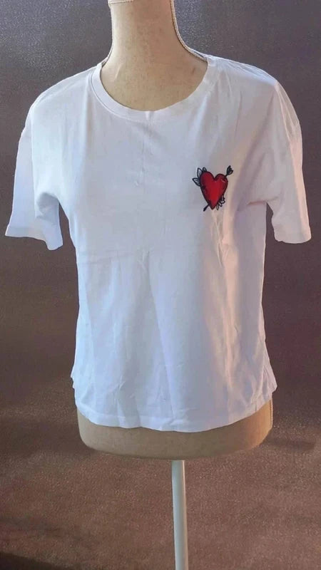 White Pimkie T-shirt New with Embroidered Heart Patch size XS