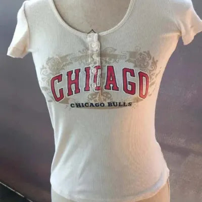 Chicago Bulls Vancl Baby Tee – Y2K Style – Henley Collar – Off-White – Size S (US 4)